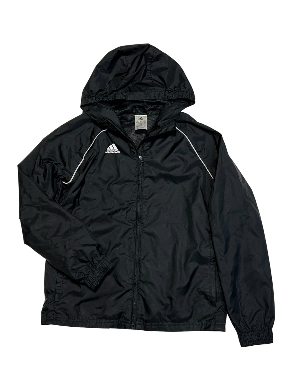 adidas Black Hooded Kids Rain Jacket with White Piping